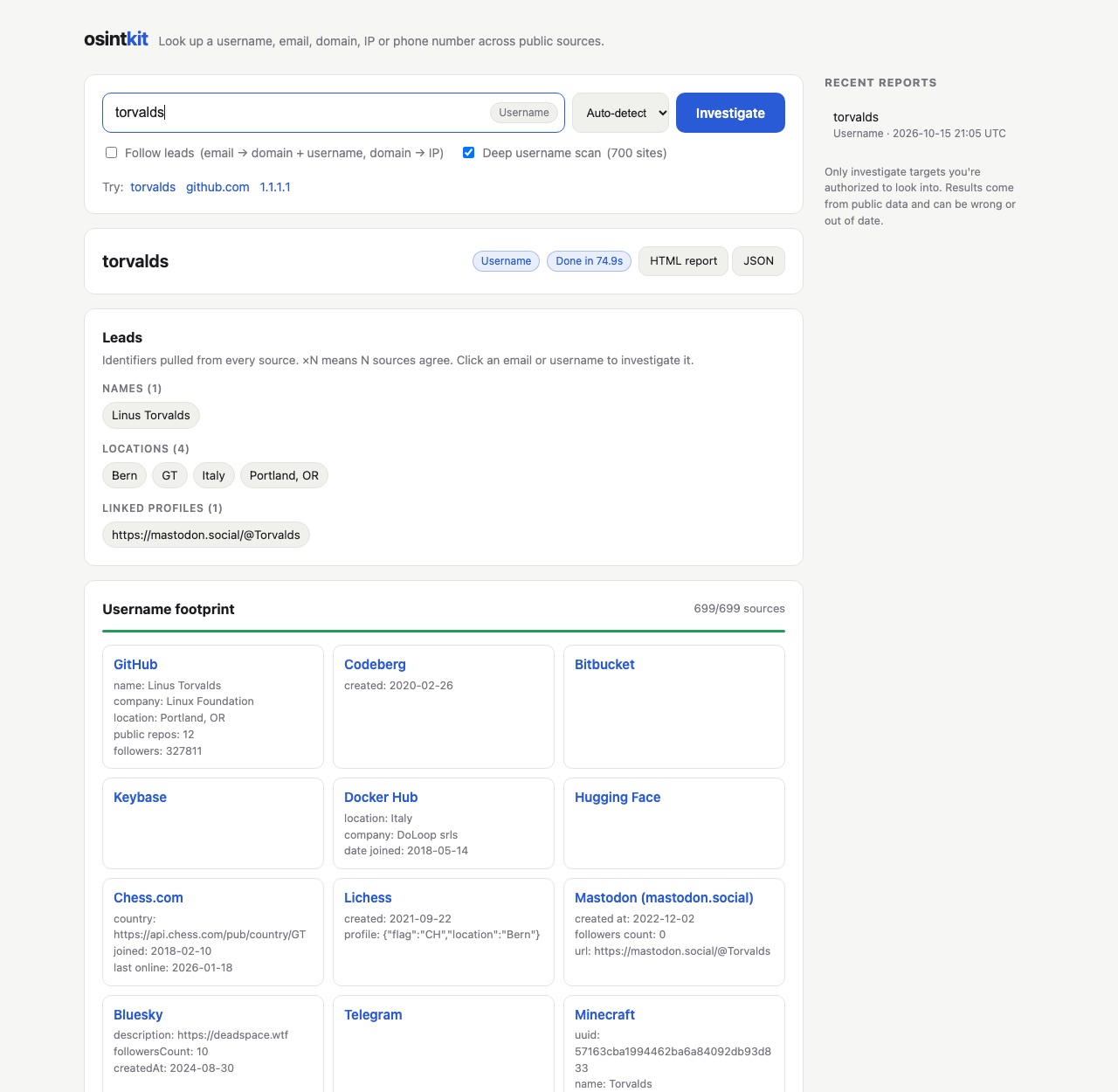 The osintkit web interface showing a username search: a Leads panel with names, locations and linked profiles, and cards for each site where the account was found.